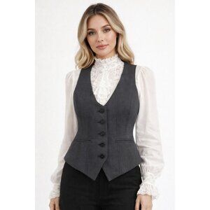 Womens Sz M Tailored Suit Vest Waistcoat Grey Lined Button-Front Cinch Back